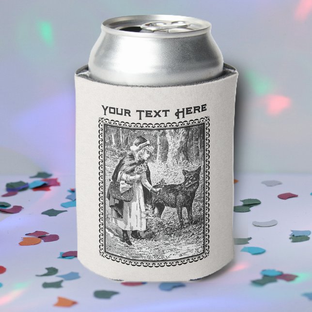 Porta-lata Chapeuzinho Vermelho em Flores Florestais Lobo Neg (Red Riding hood wolf in black and white in woods in black frame in can cooler for drinks.)