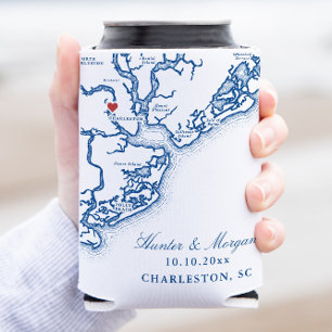 Porta-lata Charleston SC Map Elegante Marinho Blue Weding Fav