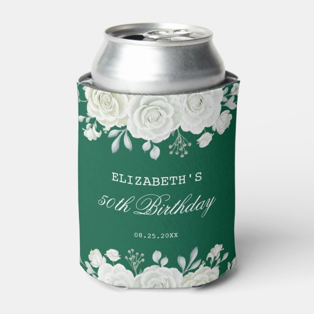 Porta-lata Chic Green Pastel White Rose Greenery Aniversário (Can Front)