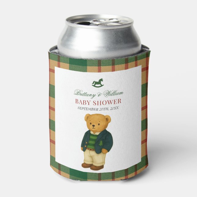Porta-lata Christmas Plaid Preppy Bear Baby Shower  (Can Front)