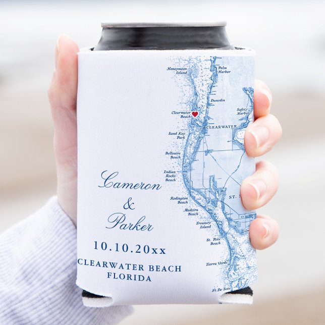 Porta-lata Clearwater Beach FL Mapa Casamento Favor Beber (Clearwater Beach FL Can Coozie Wedding Favor in elegant navy blue from Coastal Map Designs)
