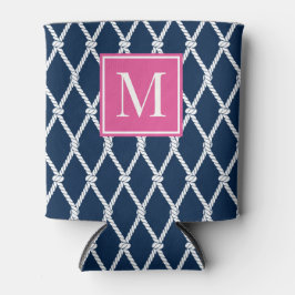 Porta-lata Coastal Preppy Nautical Monogram - Navy & Hot Pink