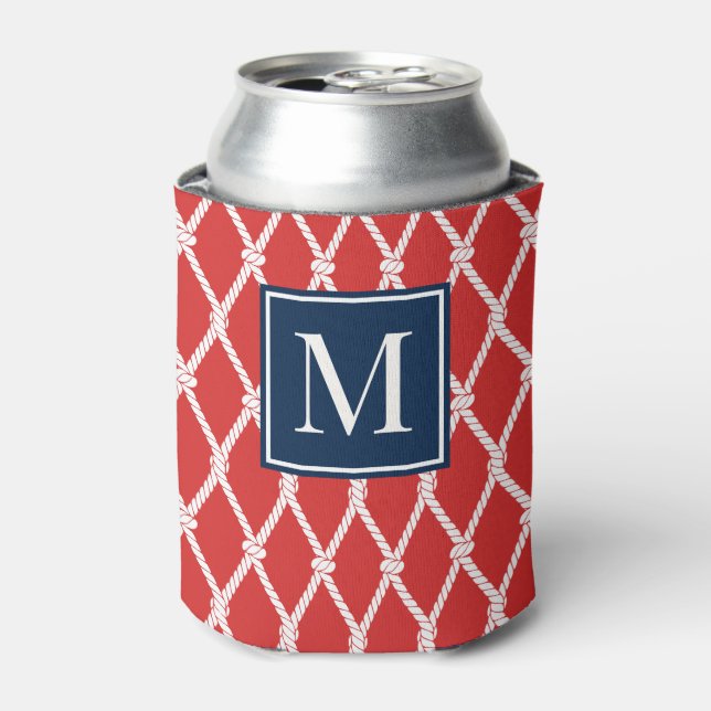 Porta-lata Coastal Preppy Nautical Monogram - Red & Navy (Can Front)