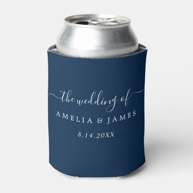 Porta-lata Copo Térmico para Casamento Navy Modern Script (Can Front)