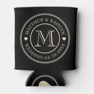 Porta-lata Coração de Monograma de Casamento Preto e Creme