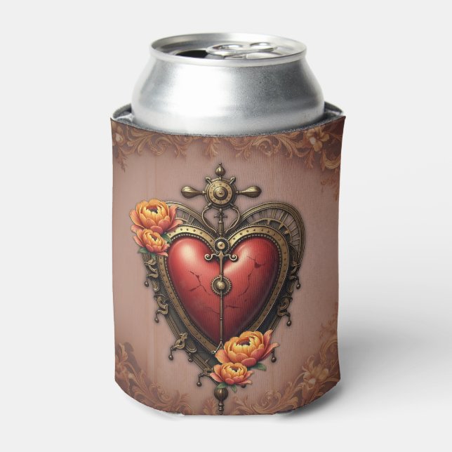 Porta-lata Coração Steampunk com Flores. (Can Front)