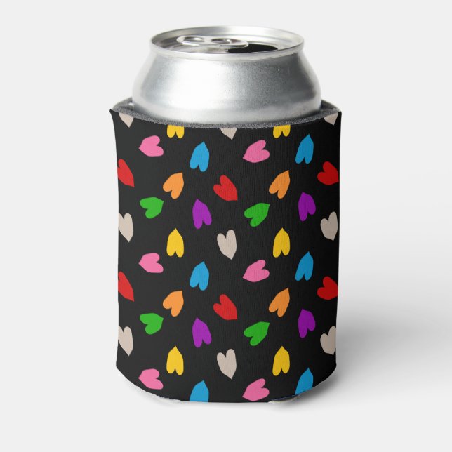 Porta-lata Cores Amor Corações Padrão Design Preto  (Can Back)