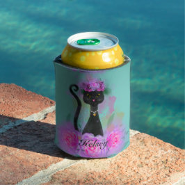 Porta-lata Coroa de flor de gato preto sentada em rosas rosa
