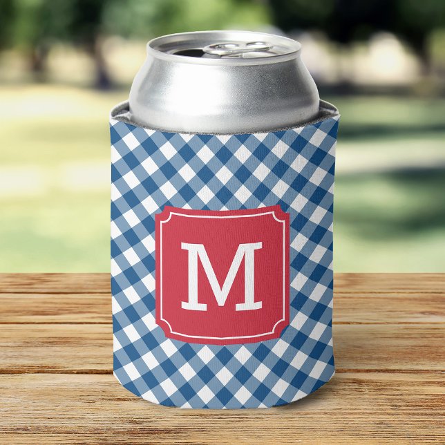 Porta-lata Country Chic Blue Gingham Personalize Monograma (Criador carregado)