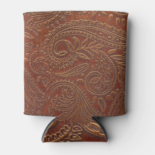 Porta-lata Couro castanho, padrão floral de ferramentas.