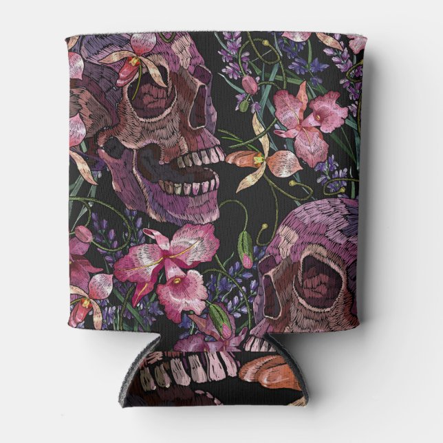 Porta-lata Crânio bordado: Padrão Orquídeo Gótico (Frente)