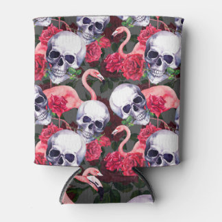 Porta-lata Crânio floral, padrão uniforme de flamingo.