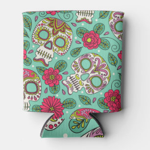 Porta-lata Crânio mexicano e flores, sem costura.