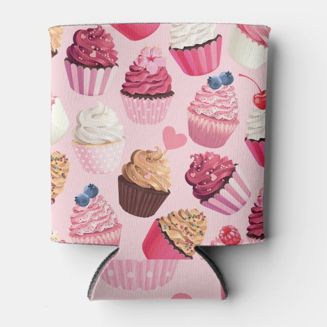 Porta-lata Cupcakes Rosa Pastel: Padrão Vintage. (Frente)