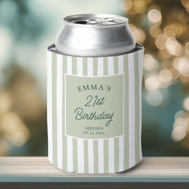Porta-lata Custom 21st Birthday Preppy Sage Striped Party (Criador carregado)