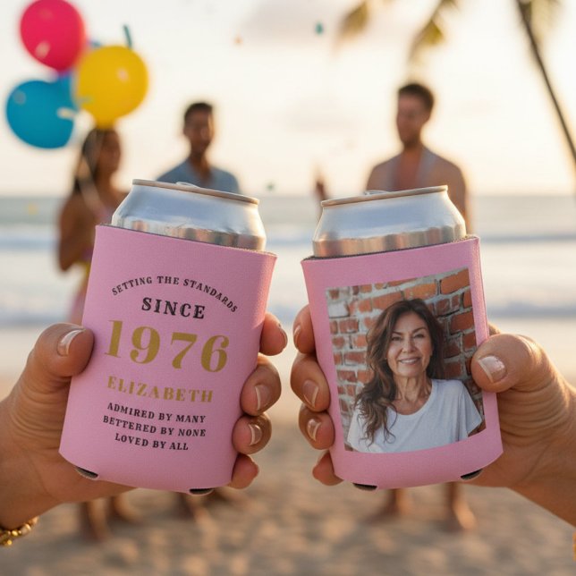 Porta-lata Custom 50th Birthday Pink Gold With Photo (50th birthday can coolers with beach background.)