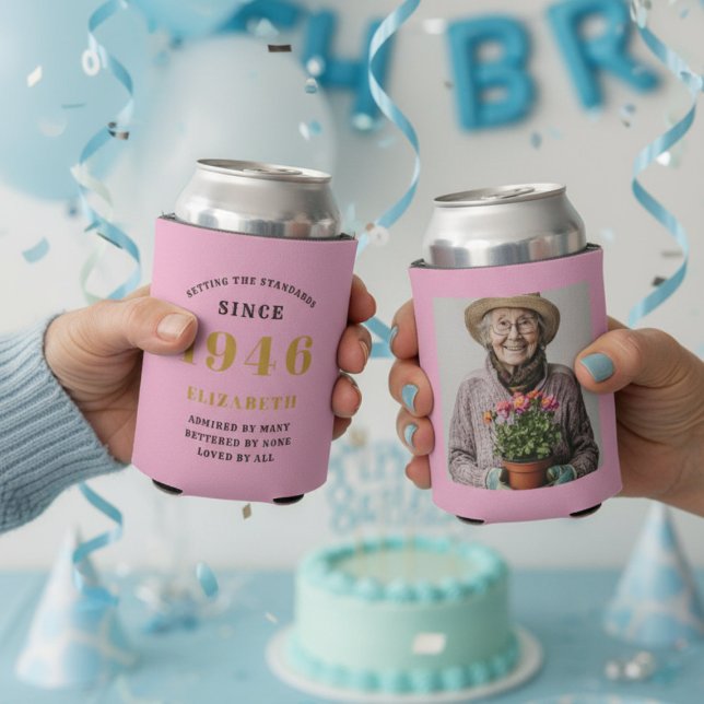 Porta-lata Custom 80th Birthday Pink Gold With Photo (80th birthday pink can cooler showing front and rear)