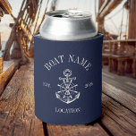 Porta-lata Custom Boat Name Coastal Anchor Nautical Lake Navy<br><div class="desc">This navy custom boat name can cooler features a timeless anchor and ship wheel crest design for a bold maritime look. Personalized with your boat name, location, and established date, it is perfect for yacht clubs, marinas, fishing trips, and coastal living. The deep navy background gives this nautical drink holder...</div>