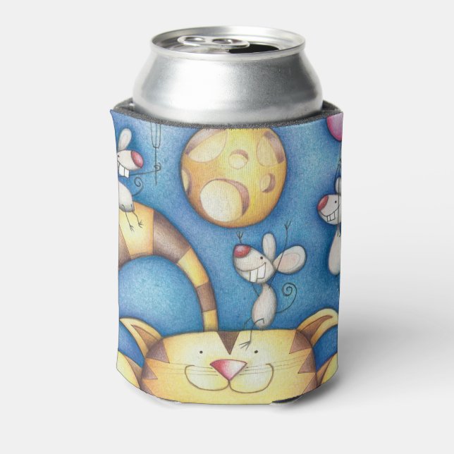 Porta-lata Cute Whimsical Cat and Mouse Moon Art (Can Back)
