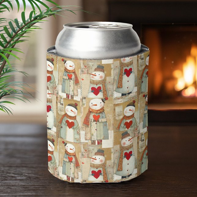 Porta-lata Cute Whimsical Snowman Earth Love (cute and whimsical can cooler featuring illustrations of snowmen carrying red hearts)