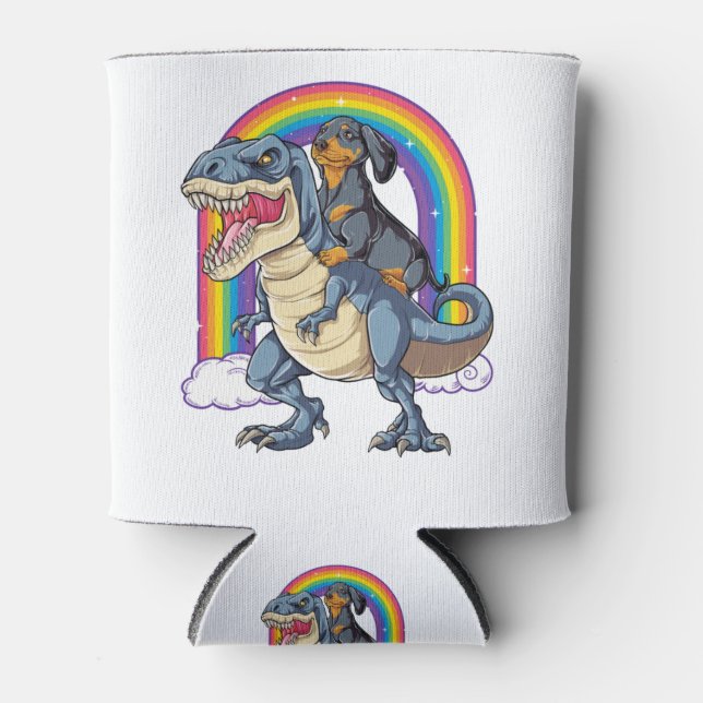 Porta-lata Dachshund Riding Dinosaur T rex Shirt para Homens (Frente)