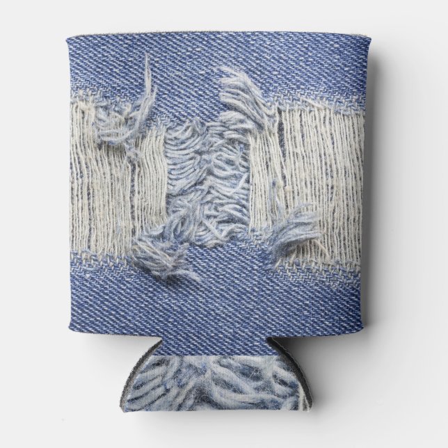 Porta-lata Densidade azul rasgada: textura do jeans. (Frente)