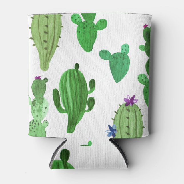 Porta-lata Desert Cactus: Ilustração de Aquarela Verde (Frente)