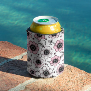 Porta-lata Design de esboços, flores e folhas, cor-de-rosa