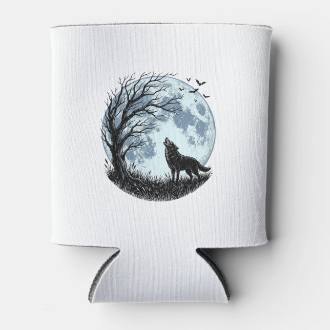 Porta-lata Design Silhueta da Árvore da Lua Uivando Lobo Vint (Frente)