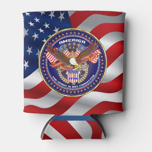 Porta-lata Dim Patriótico. 3" (diâmetro), altura de 3,75" (Frente)