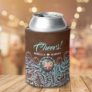 Porta-lata do país marrom do vaqueiro de turquesa casamento