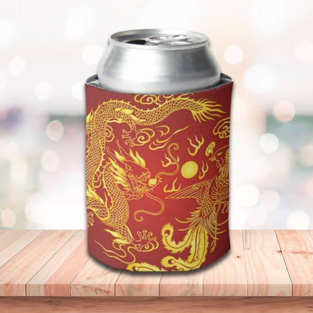Porta-lata Dourado Dragão Vermelho Fênix Favor do Casamento C (Gold Red Dragon Phoenix Chinese Wedding Favor Can Cooler)