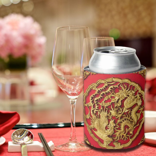 Porta-lata Dragão Fênix Vermelha Dourada Favor do Casamento C (Dragon Phoenix Red Gold Chinese Wedding Favor Can Cooler)