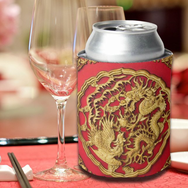 Porta-lata Dragão Fenix Vermelho Dourado Favor de Casamento C (Dragon Phoenix Red Gold Chinese Wedding Favor Can Cooler)