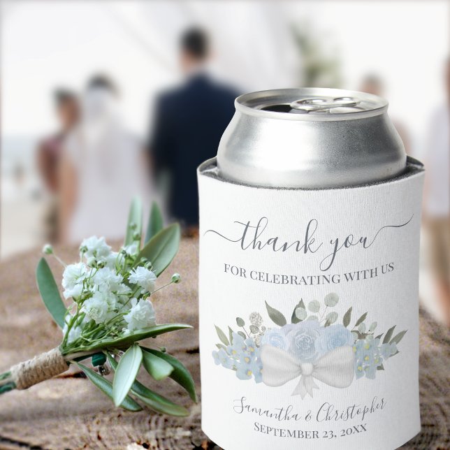 Porta-lata Dusty Blue Floral Elegante Casamento Obrigado (Criador carregado)