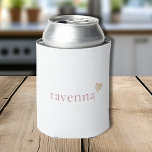 Porta-lata Dusty Rose Personalized Name Gold Leopard Heart<br><div class="desc">This stylish can cooler features a white background with a personalized name written in a soft dusty rose font. A small gold leopard print heart placed at the end of the name adds a playful animal print accent. The combination of dusty rose and leopard pattern creates a trendy and feminine...</div>