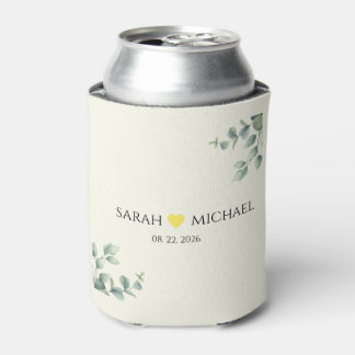Porta-lata Elegant Eucalyptus Cream and yellow Heart wedding