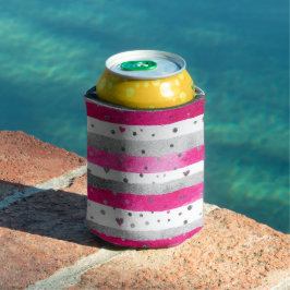 Porta-lata Elegant Valentine Pink Silver Hearts on Striped