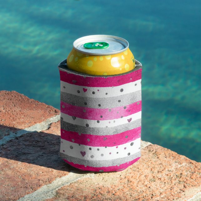 Porta-lata Elegant Valentine Pink Silver Hearts on Striped (Piscina in situ)