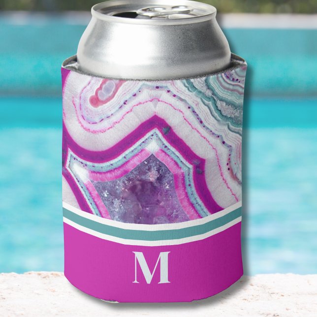 Porta-lata Elegante Tendy Modern Monograma Inicial (Chic Modern Teal Fuchsia Agate Stone Monogram Can)