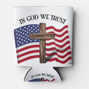 Porta-lata Em Deus, confiamos na cruz enrugada e na bandeira 