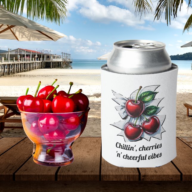Porta-lata Esfriando, Cerejas e Vibrações Alegres Vermelho Es (A can cooler for your refreshing drinks, with caption 'Chillin', cherries 'n' cheerful vibes')