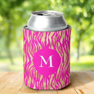 Porta-lata Estampa Animal Dourada em Rosa Quente com Monogram