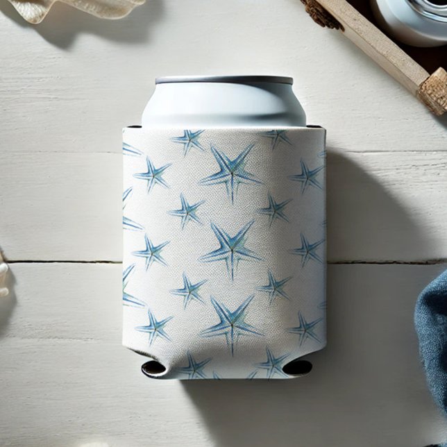 Porta-lata Estrela-do-Mar Aquarela Azul da Praia (Blue watercolor starfish can cooler for coastal beach wedding ideas and seaside parties)