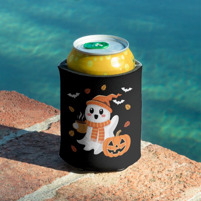 Porta-lata Fantasma Bonito Bebendo Café com Gelo no Halloween (Piscina in situ)
