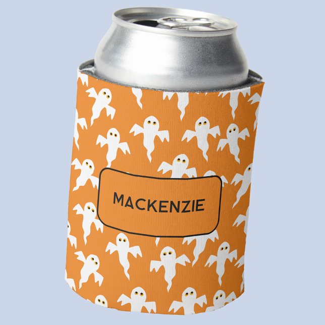 Porta-lata Fantasma Halloween Personalizado Laranja e Branco (Fun personalized custom name Halloween ghost orange and white can cooler)