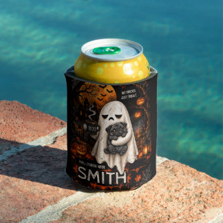 Porta-lata Fantasma Mal-Humorado Segurando Cachorro Pug Preto
