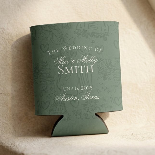 Porta-lata Favor de casamento clássico em verde sage desenho  (Classic Sage Green Hand Drawn Sketch Wedding Favor Can Cooler)