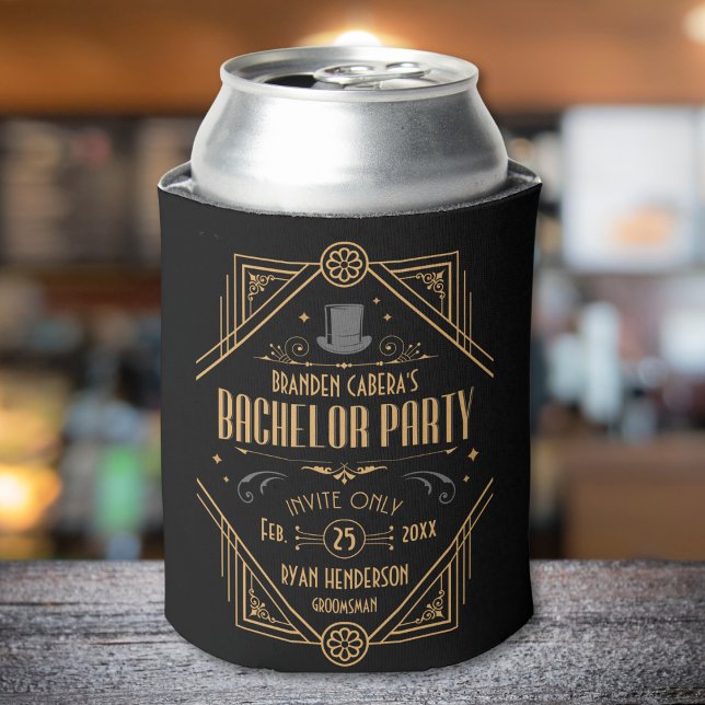 Porta-lata Favor de Festa de Solteiro Art Deco Speakeasy (bachelor party can cooler Art Deco speakeasy 1920s theme gold and black groomsmen best man gift)