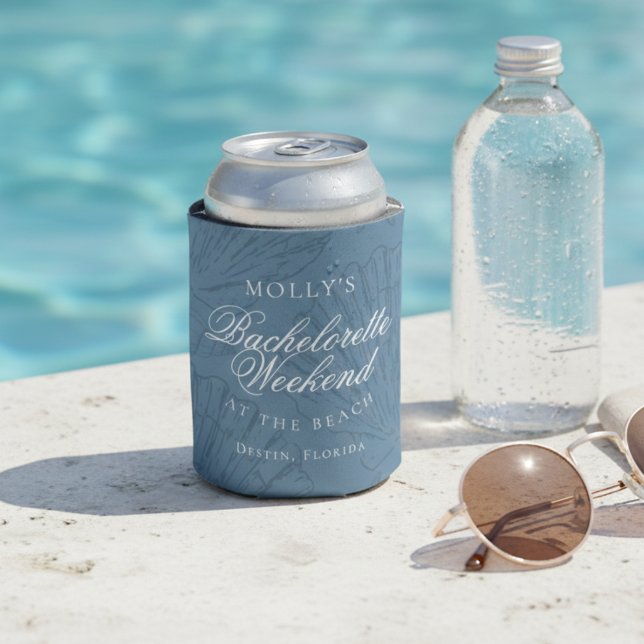 Porta-lata Favor de Noiva Azul Costeiro com Concha (Coastal Blue Seashell Bachelorette Favor Can Cooler)